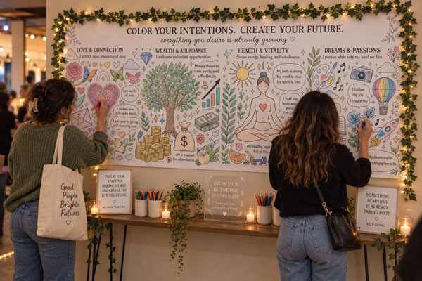 Custom coloring mural for guests to color their intentions